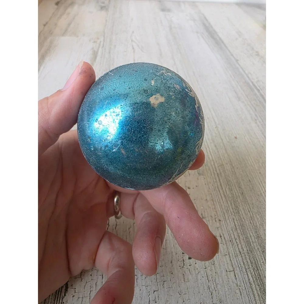 Vintage Santa reindeer stencil blue Glass ornament deer slay Xmas tree